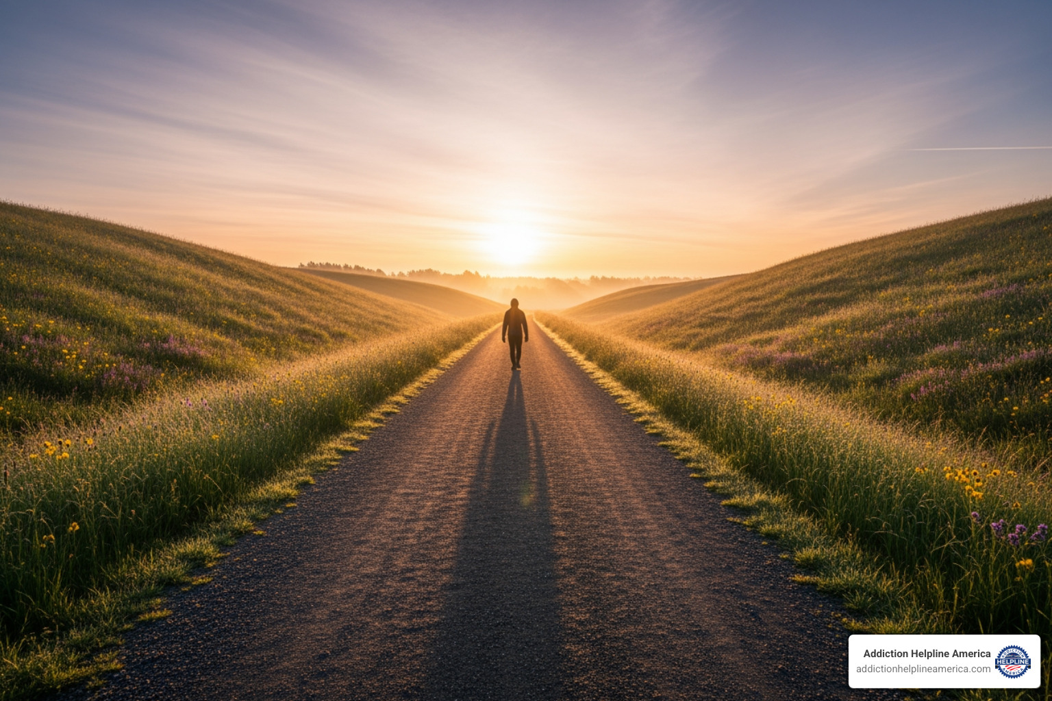 A person walking on a clear path towards a sunrise - national substance abuse helpline A person walking on a clear path towards a sunrise - national substance abuse helpline