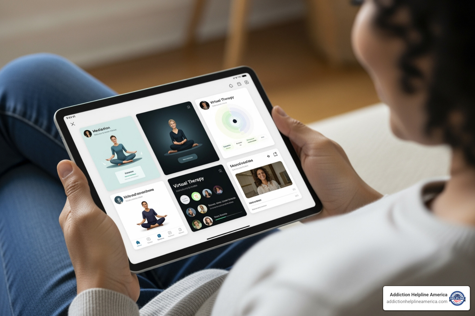 A person using a tablet to access virtual care resources, with various mental health and wellness apps on the screen - Behavioral health insurance plans A person using a tablet to access virtual care resources, with various mental health and wellness apps on the screen - Behavioral health insurance plans