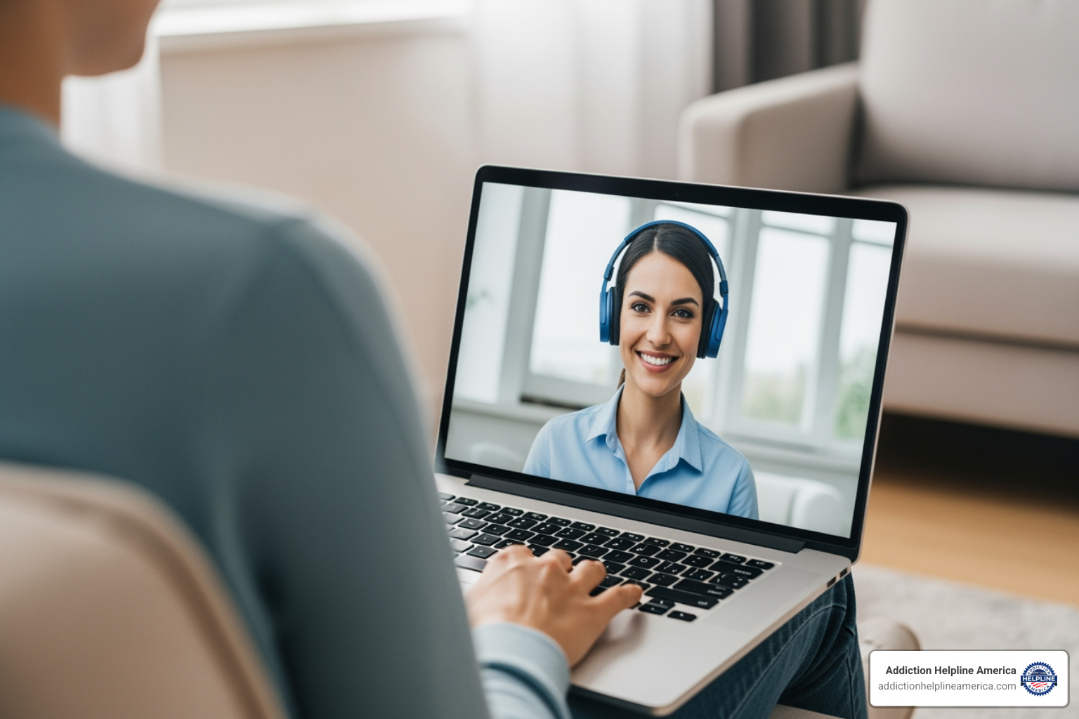 A person having a telehealth therapy session on a laptop, showing a therapist on the screen - Behavioral health insurance plans A person having a telehealth therapy session on a laptop, showing a therapist on the screen - Behavioral health insurance plans