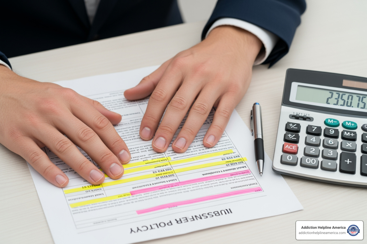 A person reviewing an insurance policy document with a calculator, highlighting cost considerations - Behavioral health insurance plans A person reviewing an insurance policy document with a calculator, highlighting cost considerations - Behavioral health insurance plans