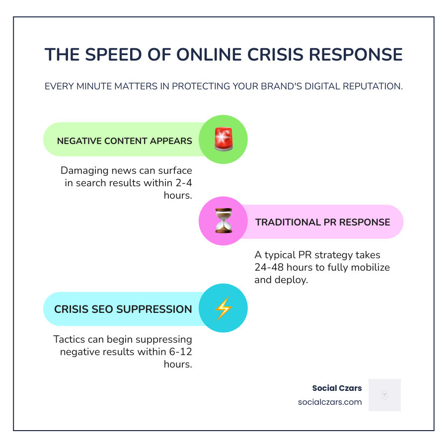 Infographic showing crisis response timeline: negative content appears in search results within 2-4 hours, traditional PR response takes 24-48 hours, but crisis SEO tactics can begin suppression within 6-12 hours through rapid content deployment, search optimization, and coordinated media outreach - which seo agencies cpecialize in crisis communications and crisis seo infographic infographic-line-3-steps-colors