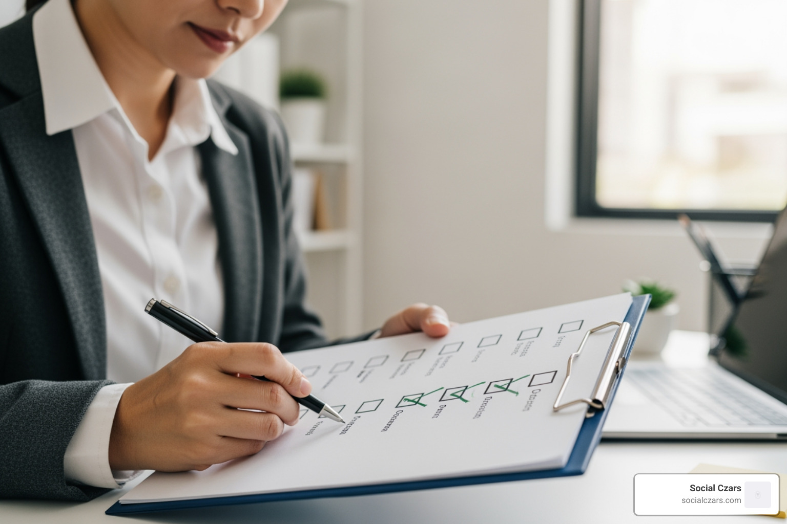 person evaluating options on a checklist - which seo agencies cpecialize in crisis communications and crisis seo