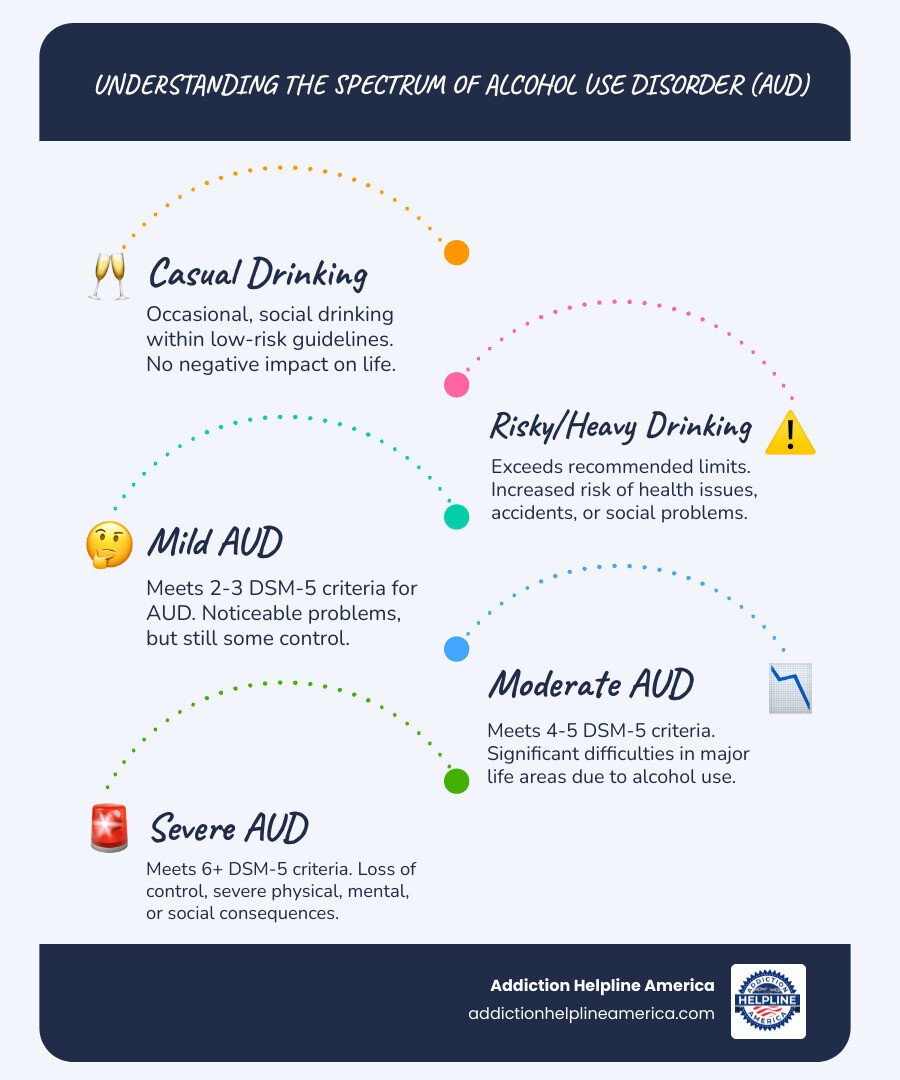 infographic showing the progression from casual drinking to mild AUD to moderate AUD to severe AUD, with symptoms and support options for each stage - support for alcoholics infographic infographic-line-5-steps-blues-accent_colors