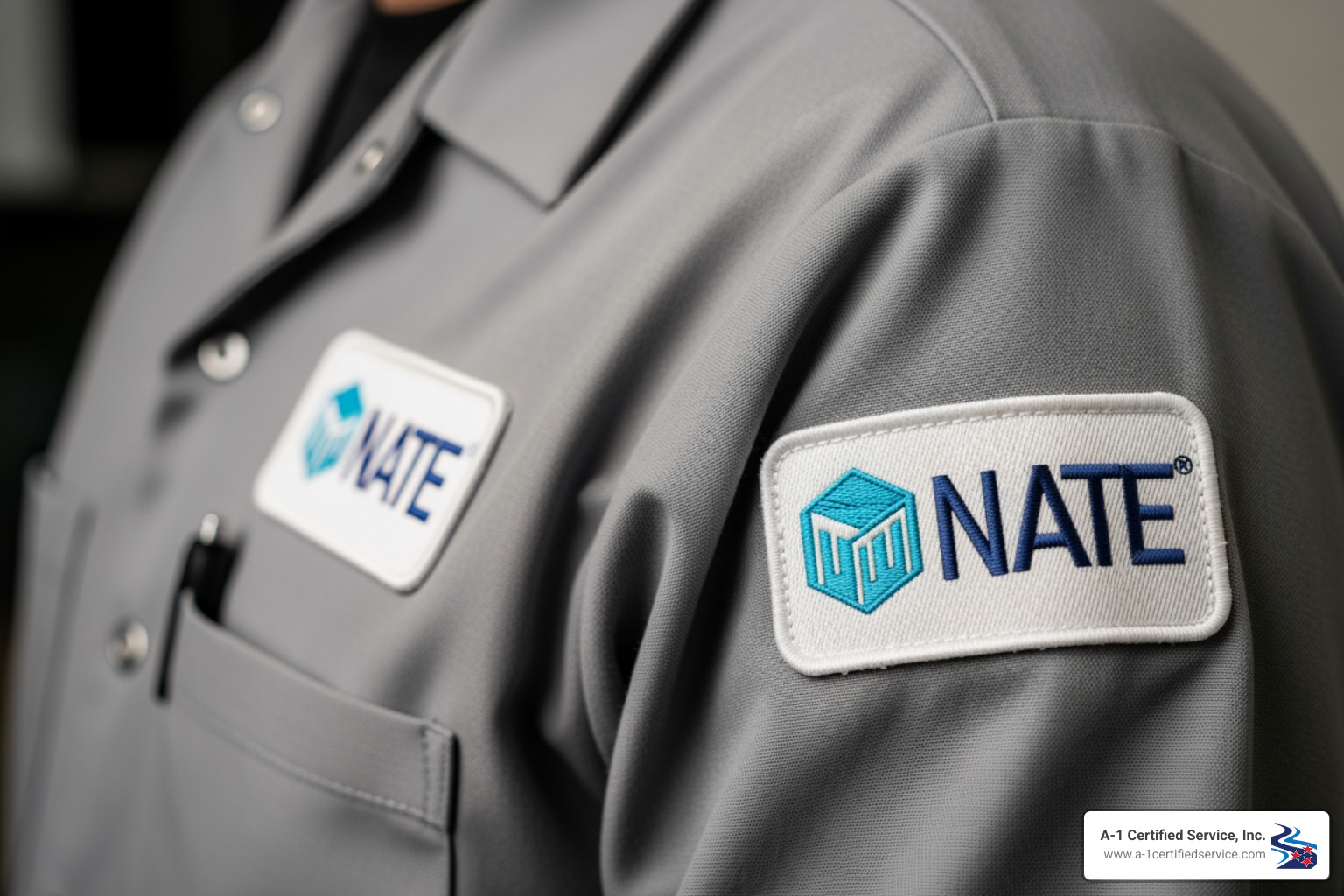 NATE certification logo patch on a technician's uniform - certified heat pump technician in knoxville tn NATE certification logo patch on a technician's uniform - certified heat pump technician in knoxville tn