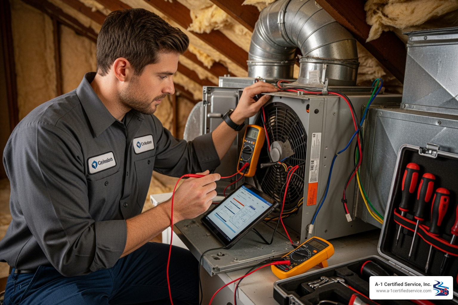 technician using diagnostic tools on an indoor air handler - certified heat pump technician in knoxville tn technician using diagnostic tools on an indoor air handler - certified heat pump technician in knoxville tn