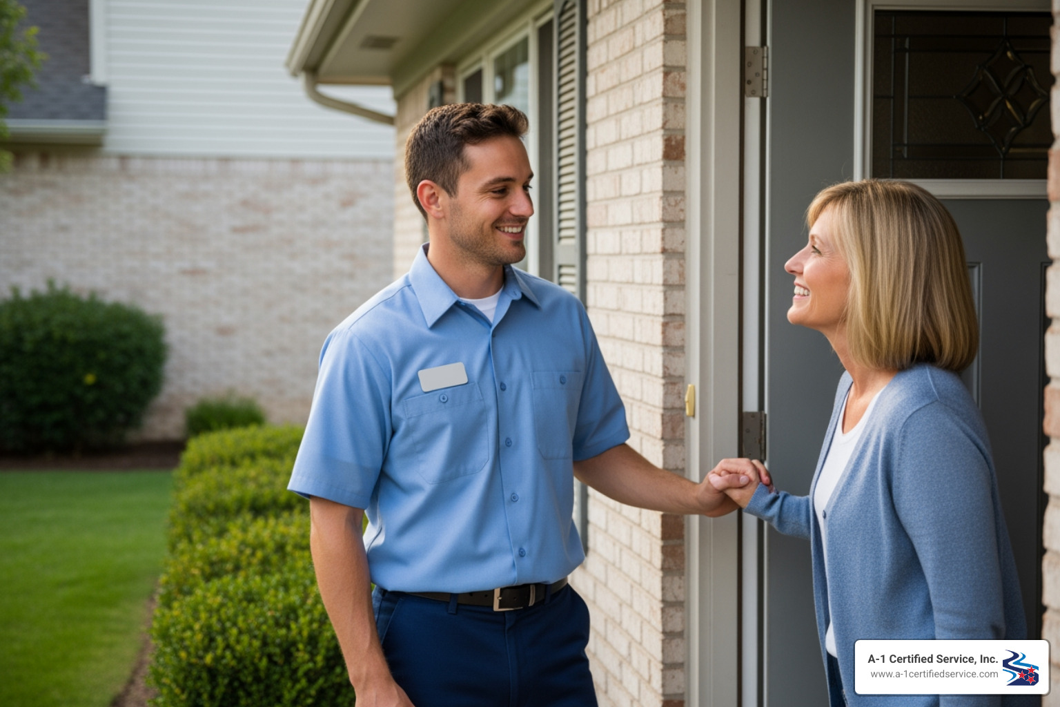 friendly technician speaking with a homeowner at their front door - certified heat pump technician in knoxville tn friendly technician speaking with a homeowner at their front door - certified heat pump technician in knoxville tn