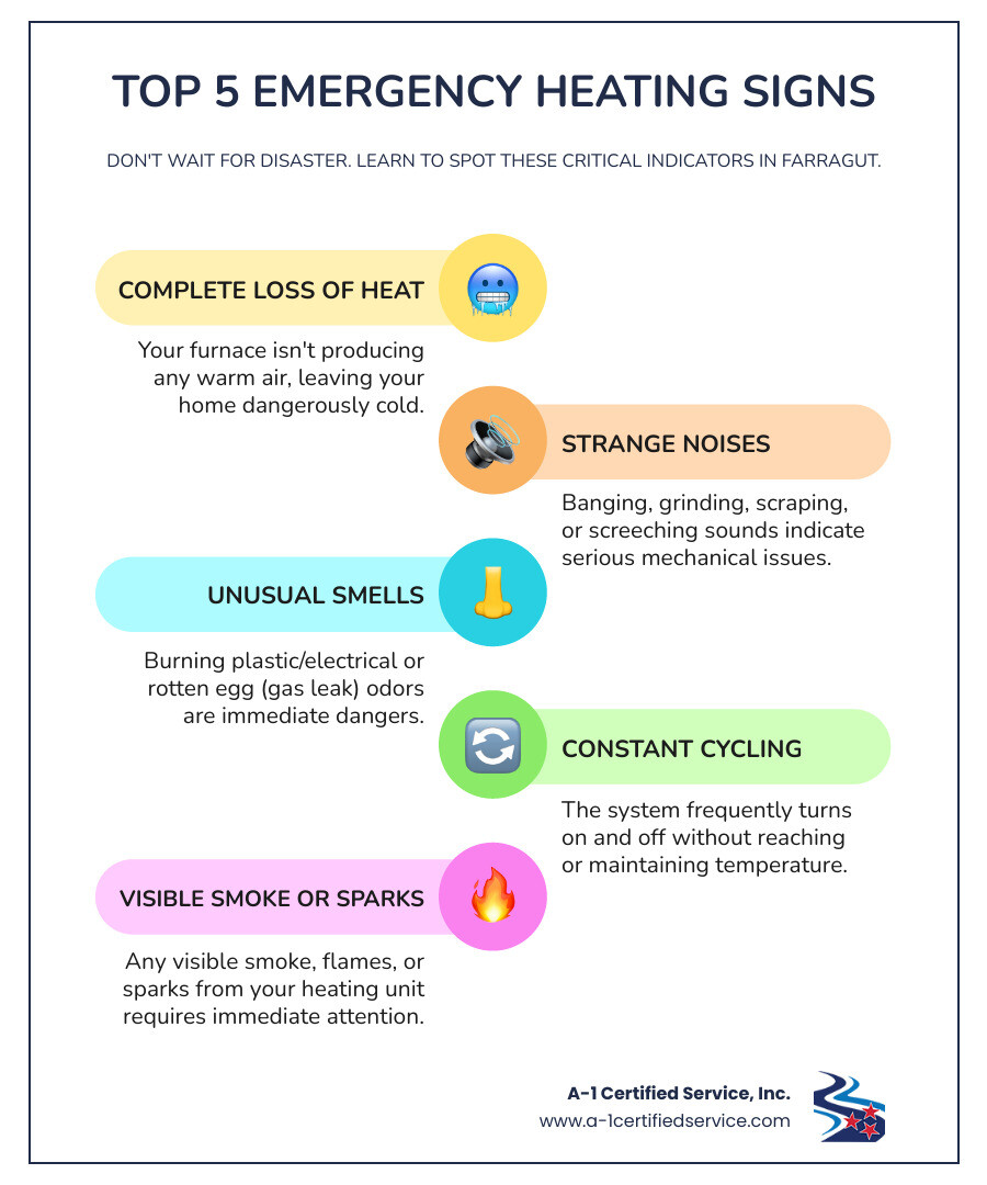 infographic showing five warning signs of heating emergency: no heat at all, strange burning smells, unusual banging or scraping noises, constant on-off cycling, and visible smoke or sparks - emergency heating repair in farragut tn infographic infographic-line-5-steps-colors infographic showing five warning signs of heating emergency: no heat at all, strange burning smells, unusual banging or scraping noises, constant on-off cycling, and visible smoke or sparks - emergency heating repair in farragut tn infographic infographic-line-5-steps-colors