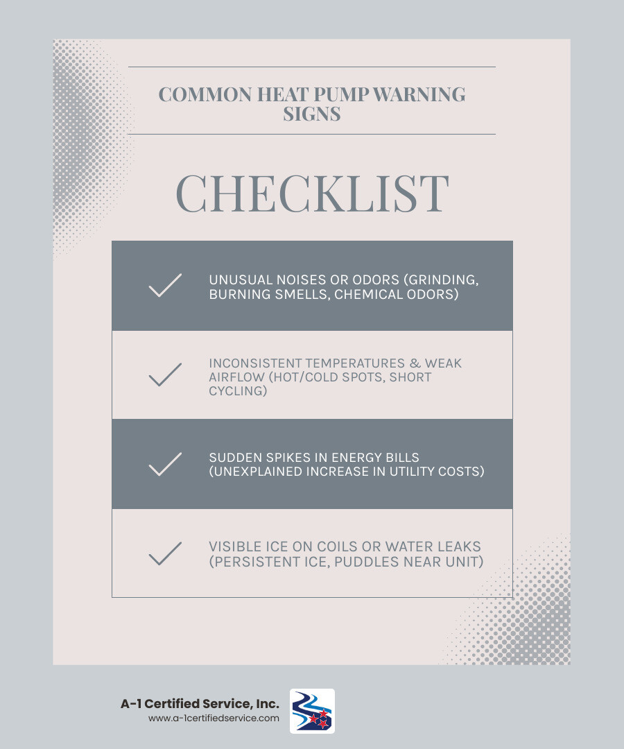 infographic showing common heat pump warning signs such as unusual noises high energy bills and inconsistent temperatures - certified heat pump technician in madisonville tn infographic checklist-light-blue-grey Checklist of common heat pump warning signs including unusual noises, inconsistent temperatures, sudden spikes in energy bills, and visible ice or water leaks, branded by A-1 Certified Service, Inc.
