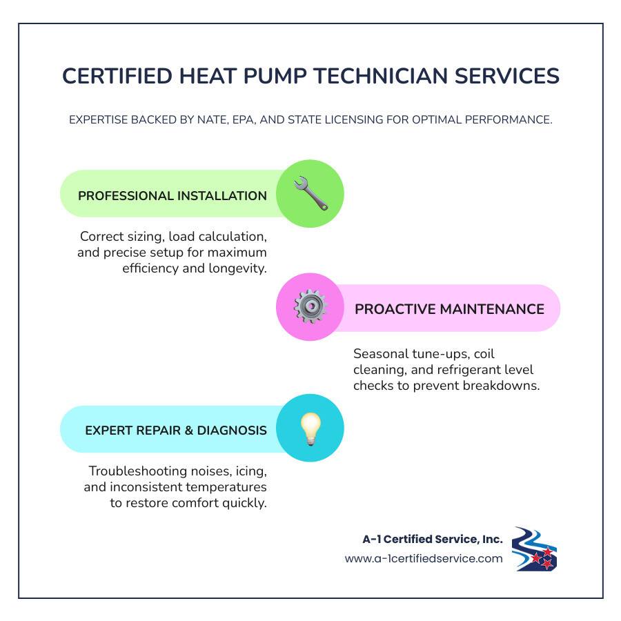 infographic showing how a certified heat pump technician provides installation maintenance and repair services with NATE EPA and state licensing badges - certified heat pump technician in madisonville tn infographic infographic-line-3-steps-colors Certified heat pump technician services infographic highlighting professional installation, proactive maintenance, and expert repair and diagnosis, featuring icons and text emphasizing NATE, EPA, and state licensing for optimal HVAC performance by A-1 Certified Service, Inc.