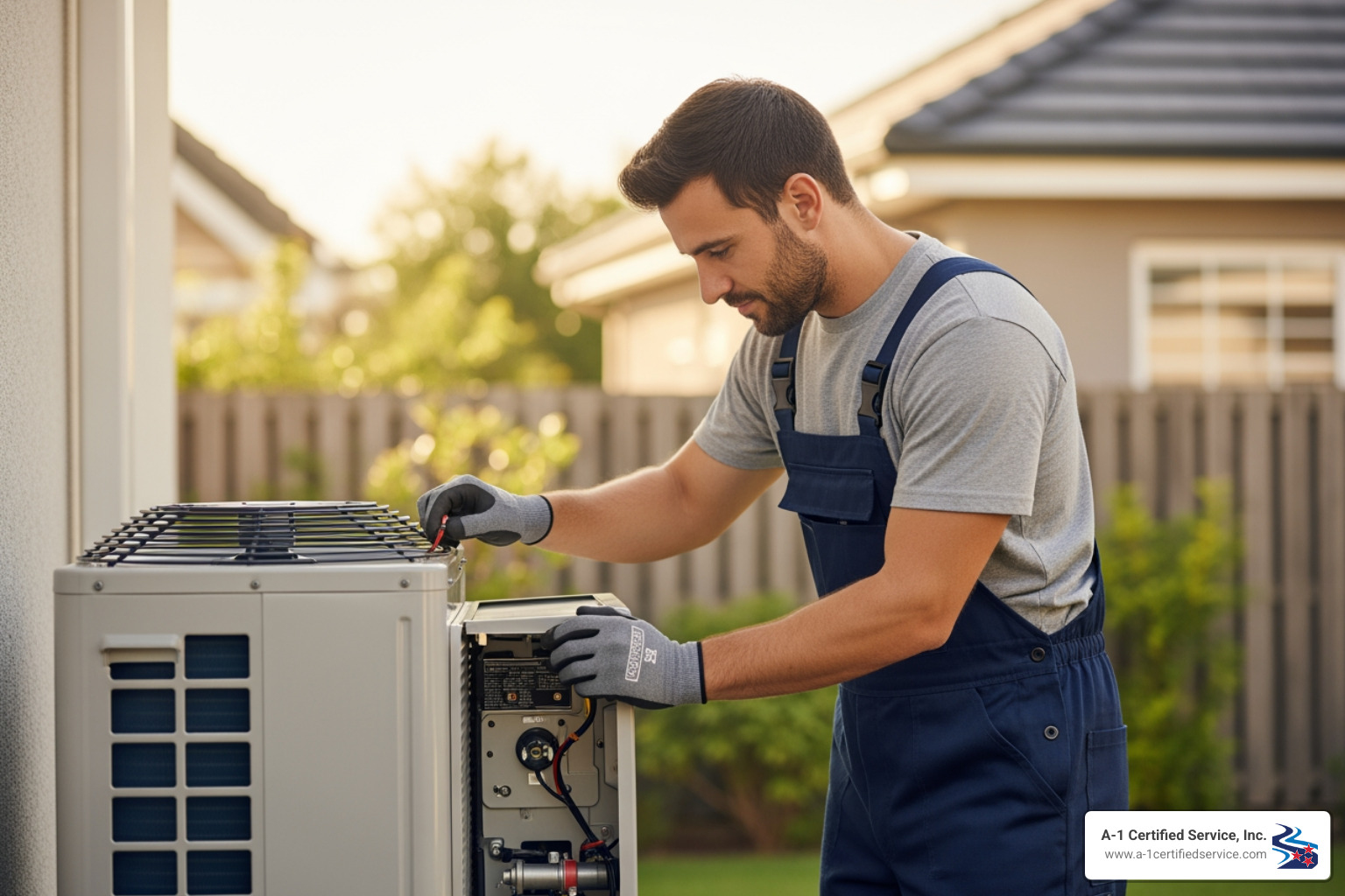 a technician servicing an outdoor heat pump unit - certified heat pump technician in madisonville tn Certified heat pump technician in Madisonville, TN, performing maintenance on a heat pump unit, ensuring efficient operation and system longevity.
