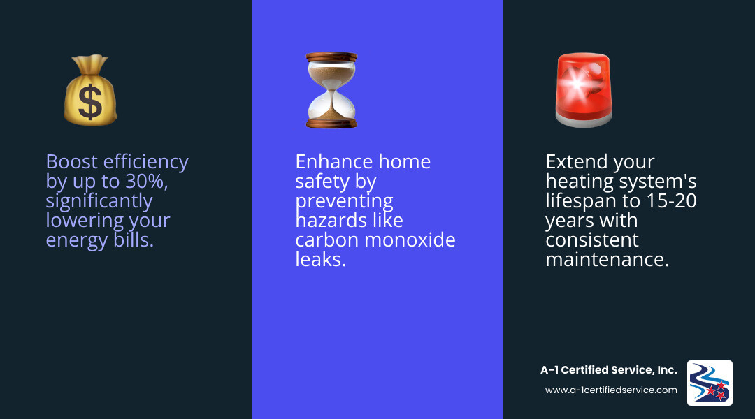 infographic showing three main benefits of heating maintenance: 30% efficiency improvement leading to lower energy bills, extended system lifespan of 15-20 years with proper care, and improved safety through carbon monoxide detection and prevention - heating maintenance in dandridge tn infographic 3_facts_emoji_blue Dollar sign icon representing energy savings, hourglass symbolizing safety from hazards like carbon monoxide, and a red alert light indicating extended heating system lifespan, emphasizing the importance of heating maintenance services by A-1 Certified Service, Inc. for Dandridge homeowners.