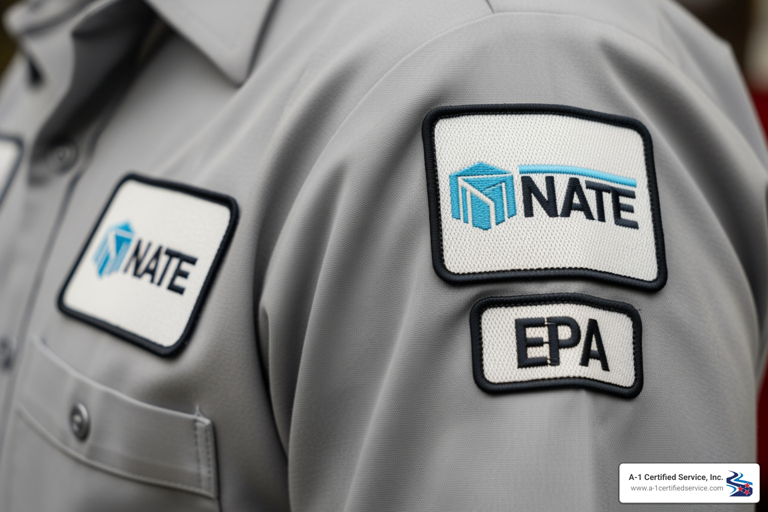 a technician's uniform showing NATE and EPA certification patches - certified heat pump technician in madisonville tn NATE and EPA certification patches on a technician's gray uniform, emphasizing professional qualifications for HVAC services at A-1 Certified Service, Inc. in Madisonville, TN.