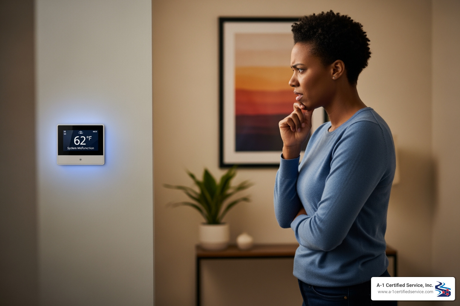 a homeowner looking concerned at their thermostat - certified heat pump technician in madisonville tn Woman looking concerned at a digital thermostat displaying 62ยฐF with a system malfunction alert, emphasizing the need for heat pump maintenance in Madisonville, TN.