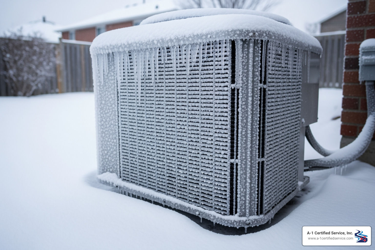 frozen outdoor heat pump unit - certified heat pump technician in clinton tn Heat pump unit covered in ice and snow, illustrating common freezing issues in HVAC systems, relevant to heat pump maintenance and repair services in Clinton, TN.