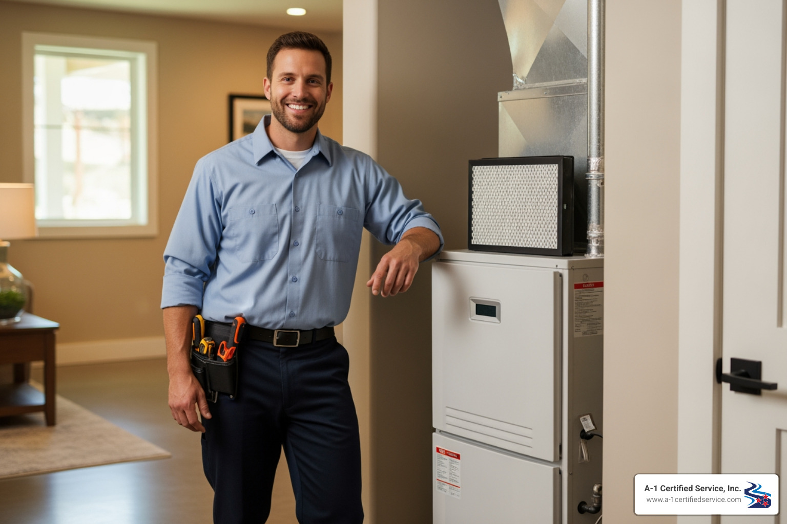 friendly hvac technician - certified heat pump technician in clinton tn Certified heat pump technician smiling next to a heat pump unit in a well-lit home setting, showcasing expertise in HVAC services for local climate needs in Clinton, TN.