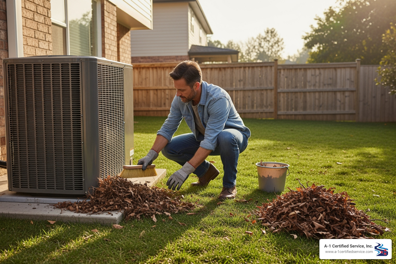 homeowner clearing debris from outdoor unit - certified heat pump technician in clinton tn Man clearing leaves and debris around an outdoor heat pump unit in a residential yard, preparing for technician service in Clinton, TN.