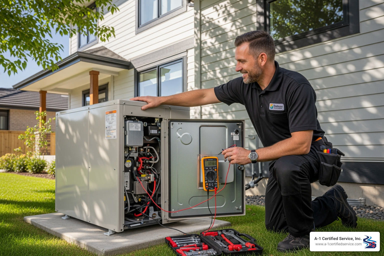 heat pump technician - certified heat pump technician in clinton tn Certified heat pump technician inspecting a heat pump unit with a multimeter, surrounded by tools, in a residential setting in Clinton, TN.