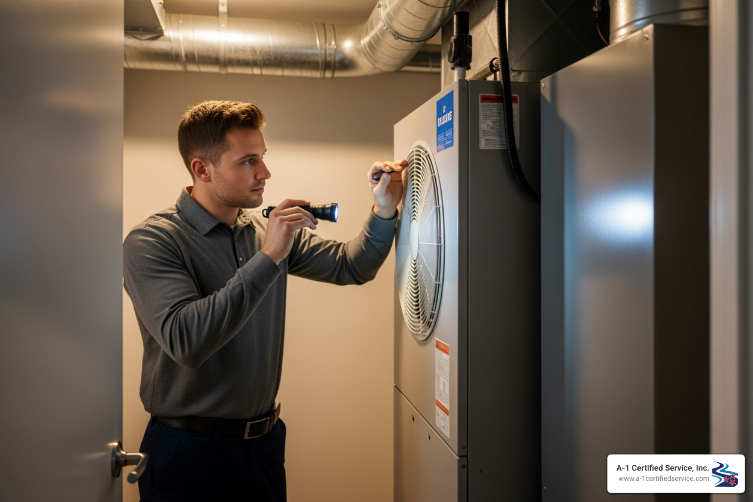 technician inspecting indoor air handler - certified heat pump technician in clinton tn Certified technician inspecting heat pump with flashlight in residential setting, emphasizing HVAC maintenance and expertise in Clinton, TN.
