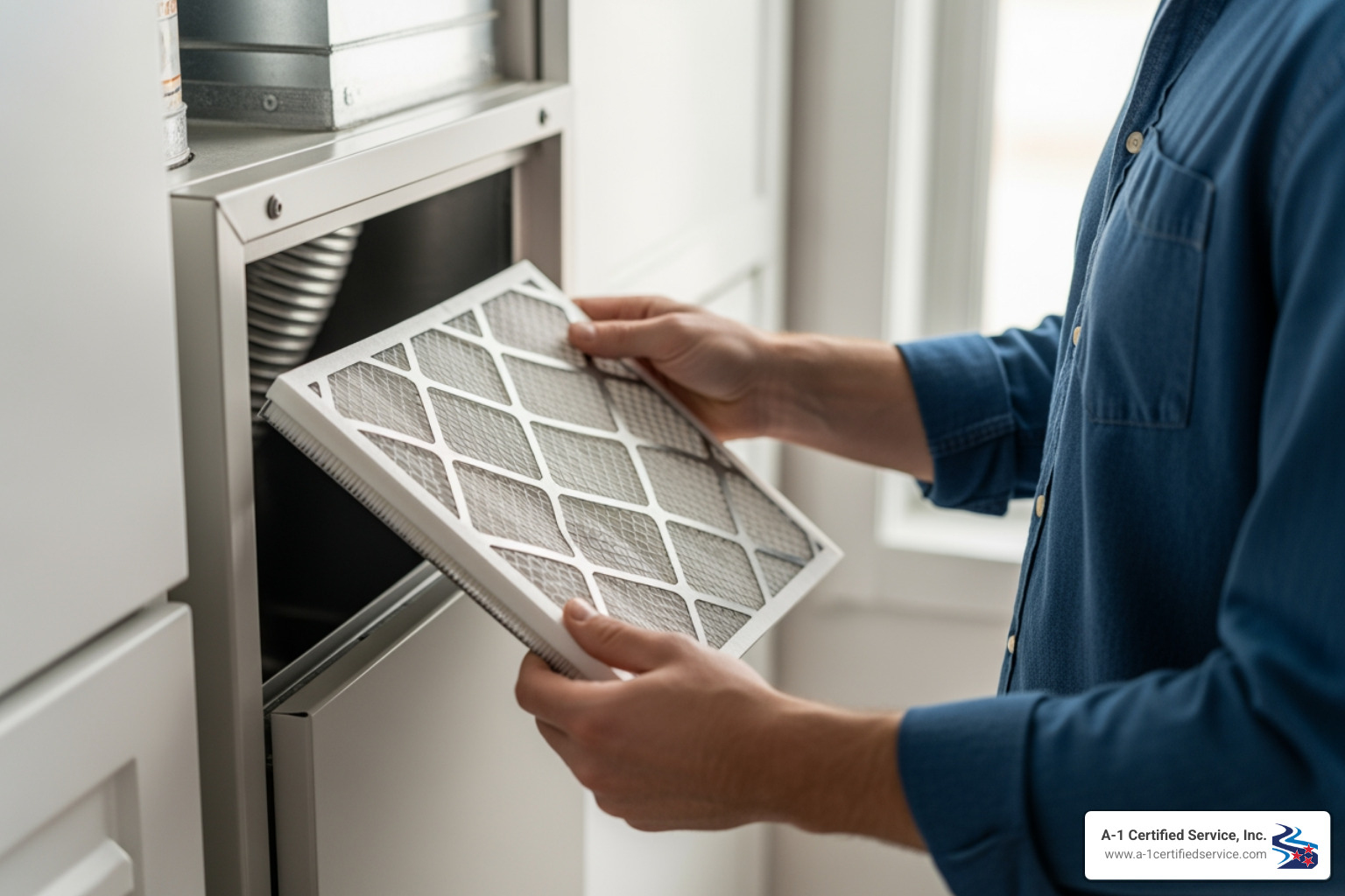 homeowner changing furnace air filter - heating maintenance in dandridge tn Person replacing air filter in heating system, emphasizing DIY maintenance for efficient home heating in Dandridge, TN.