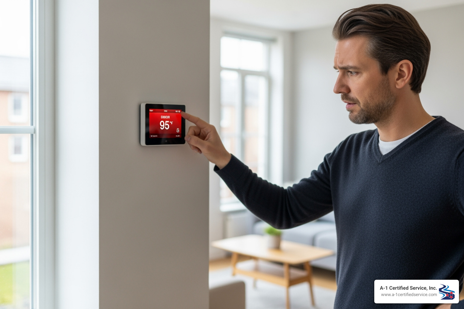 homeowner concerned thermostat error - heating maintenance in dandridge tn Man adjusting a smart thermostat displaying 95ยฐF in a modern living room, highlighting the importance of heating system management for comfort and efficiency in Dandridge, TN.