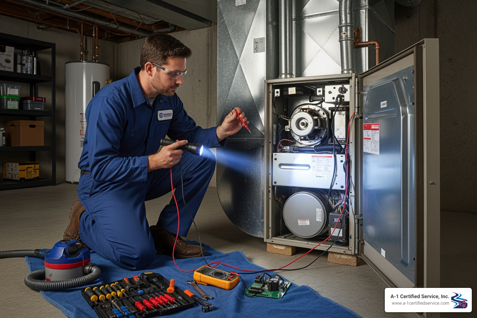technician inspecting indoor furnace unit - heating maintenance in dandridge tn Technician inspecting a heating system with a flashlight and multimeter, surrounded by tools, emphasizing professional heating maintenance in Dandridge, TN.