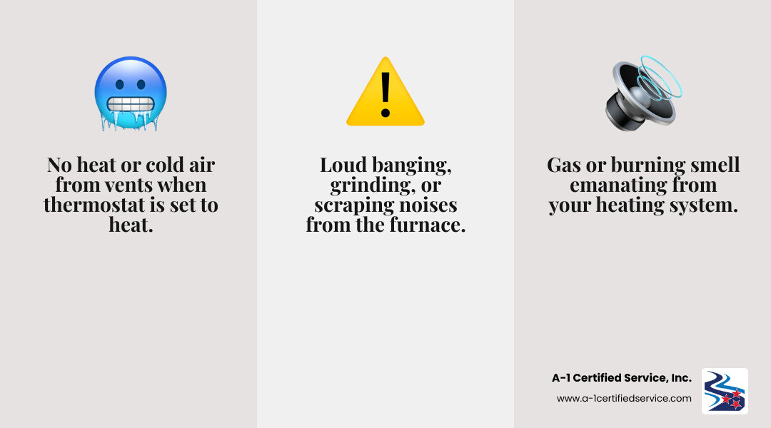 Infographic showing the top 3 critical signs you need emergency heating repair: 1) No heat or cold air from vents with thermostat set to heat, 2) Gas or burning smell coming from your system, 3) Loud banging, grinding, or scraping noises from the furnace - emergency heating repair in alcoa tn infographic 3_facts_emoji_grey Image depicting warning signs of heating system issues: cold air from vents, loud banging or grinding noises from the furnace, and gas or burning smell from the heating system, with A-1 Certified Service, Inc. branding.
