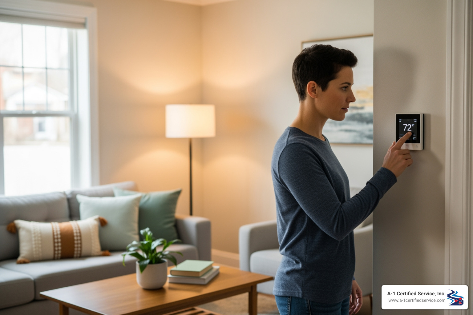 Homeowner checking their thermostat in a modern, comfortable living room - emergency heat pump repair in lenoir city tn Homeowner checking their thermostat in a modern, comfortable living room - emergency heat pump repair in lenoir city tn