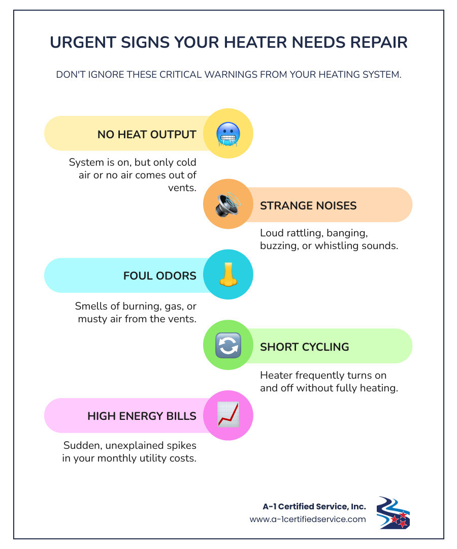 infographic showing warning signs of heating failure: no heat, strange noises, burning smells, short cycling, and high energy bills, with action steps to take for each - same day heating repair in lenoir city tn infographic infographic-line-5-steps-colors Urgent signs your heater needs repair infographic highlighting issues like no heat output, strange noises, foul odors, short cycling, and high energy bills, with A-1 Certified Service, Inc. branding.