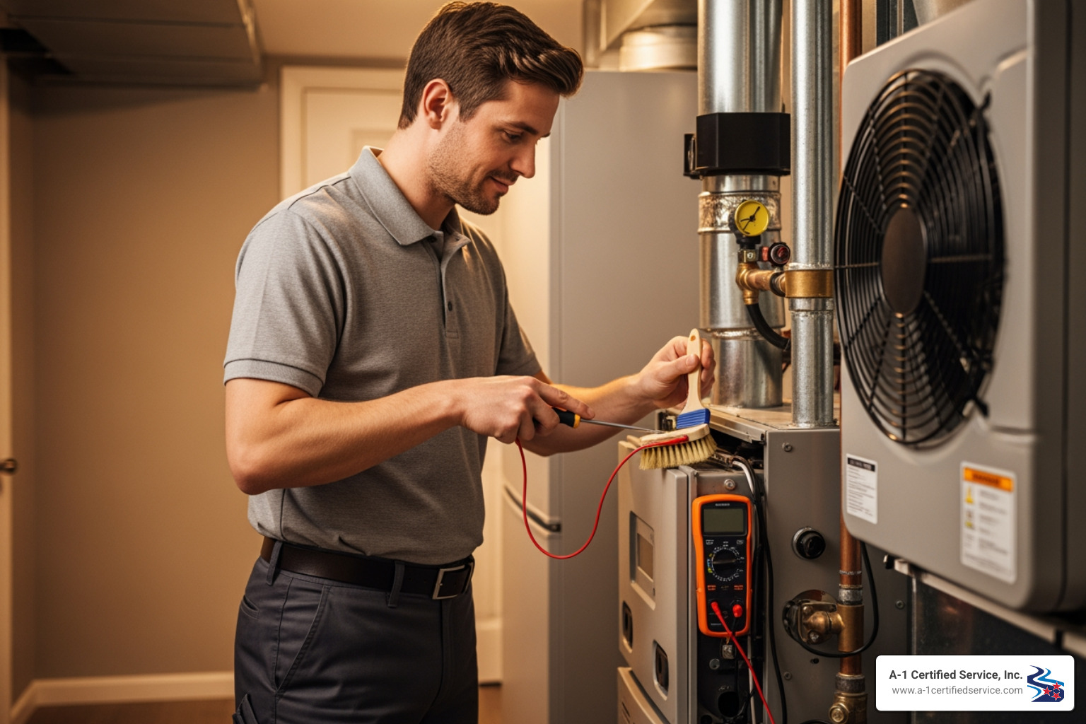 Technician performing routine heating system maintenance - emergency heating repair in alcoa tn Technician performing maintenance on a heating system, using tools and a brush to ensure efficient operation, emphasizing the importance of timely repairs for home comfort and safety.