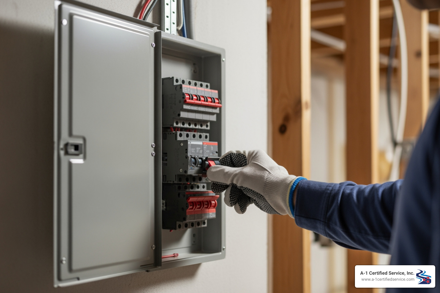 Person safely turning off a circuit breaker - emergency heating repair in alcoa tn Technician in gloves adjusting circuit breaker in electrical panel during emergency heating repair service in Alcoa, TN.