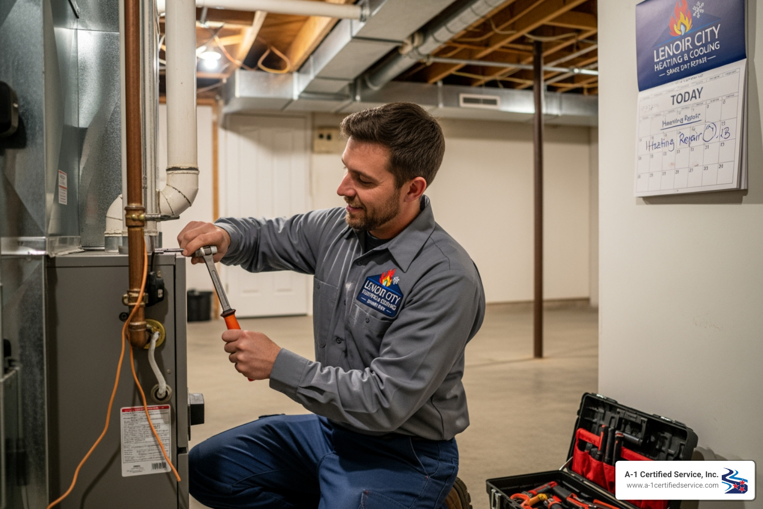professional friendly technician arriving at home - same day heating repair in lenoir city tn Technician performing heating repair service in Lenoir City, TN, using tools on a furnace, with a service calendar and company branding visible.