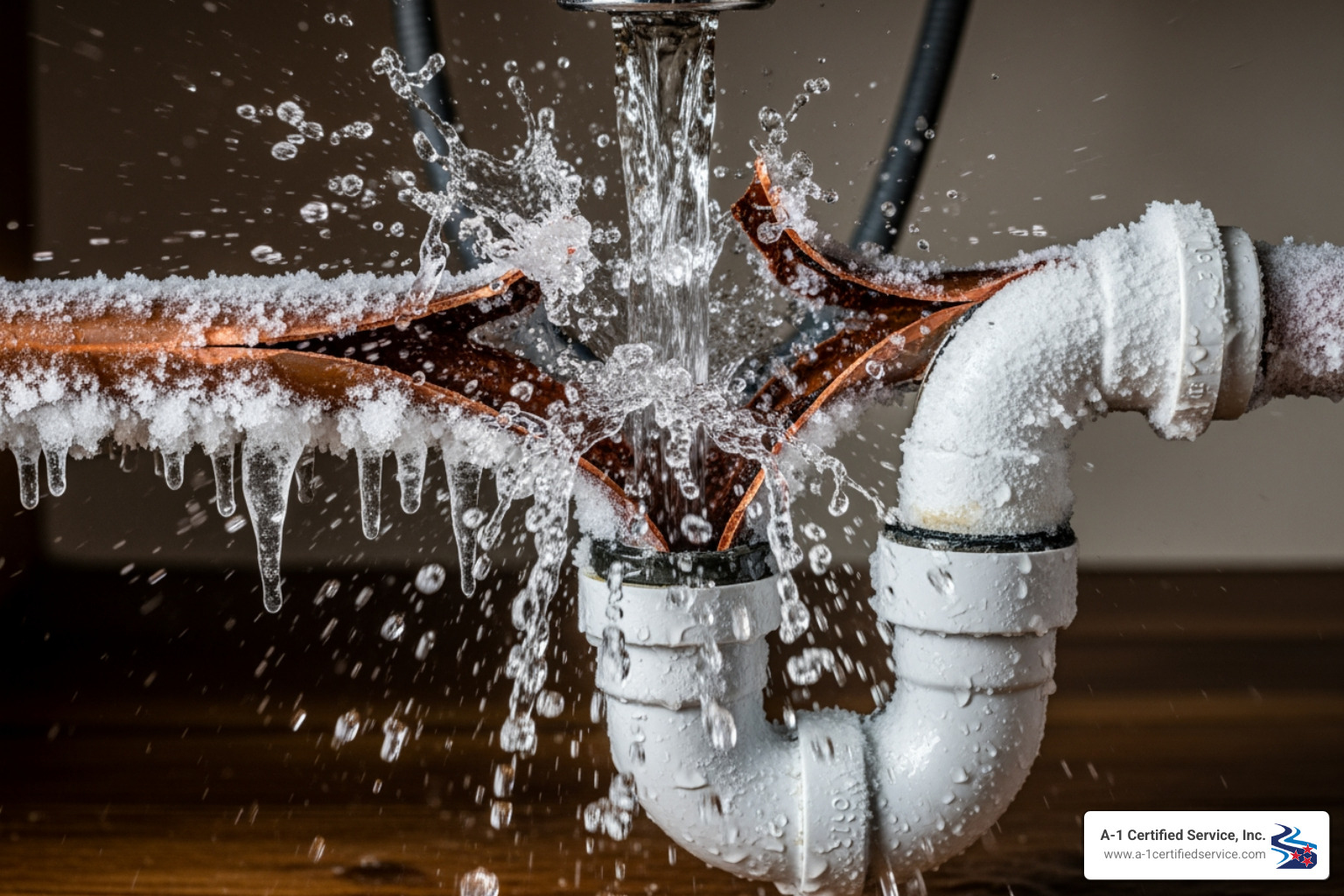 frozen pipe bursting under a sink - same day heating repair in lenoir city tn Bursting copper pipes with water spraying and ice formation, illustrating the risk of frozen pipes in Lenoir City during winter, emphasizing urgent heating repair needs.