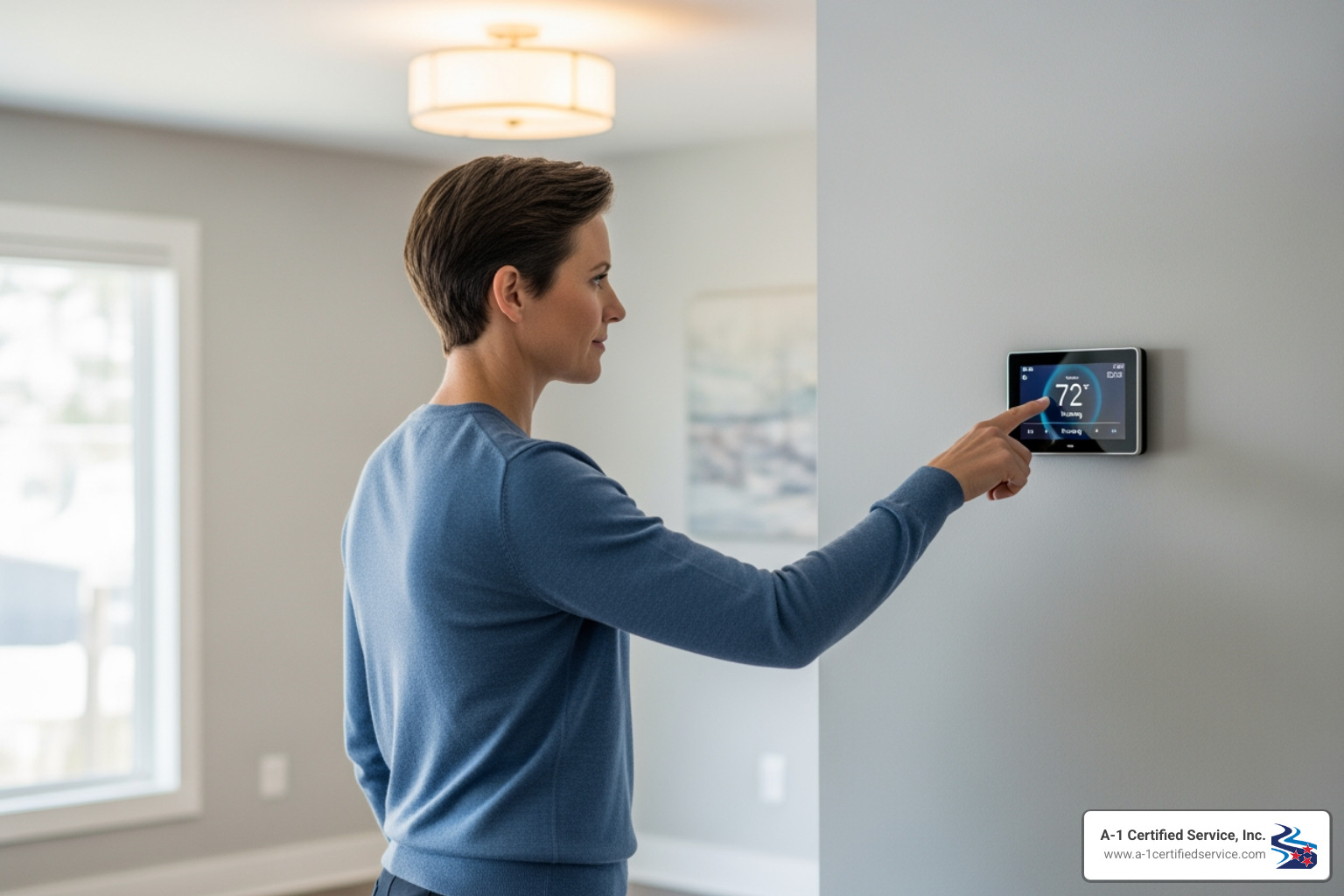 homeowner looking at thermostat - same day heating repair in lenoir city tn Person adjusting a smart thermostat displaying 72ยฐF in a modern home, emphasizing heating system management related to same-day heating repair in Lenoir City, TN.