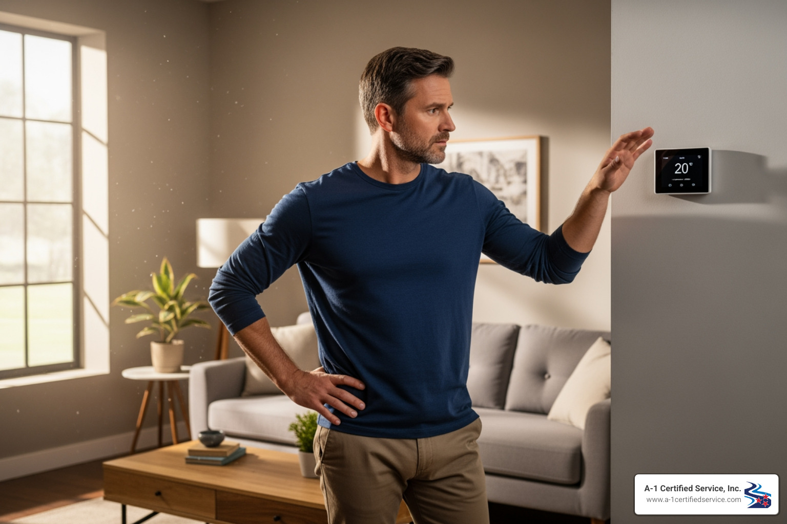 homeowner looking concerned at their thermostat - certified heat pump technician in farragut tn homeowner looking concerned at their thermostat - certified heat pump technician in farragut tn