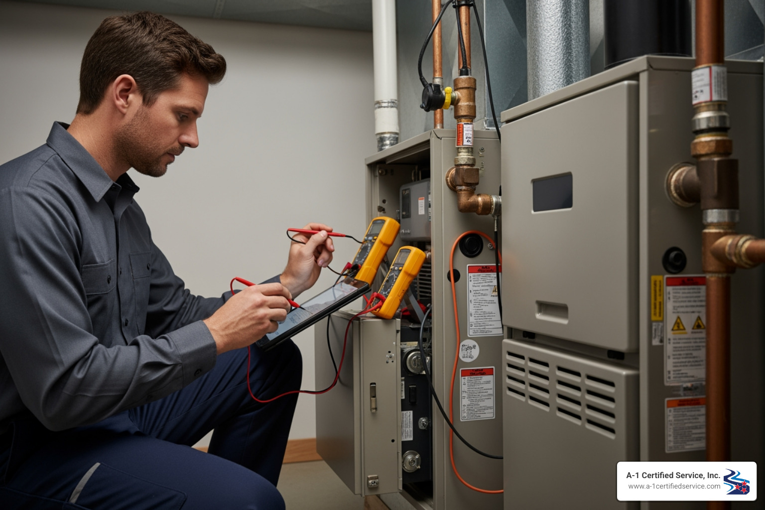 technician working on a furnace with diagnostic tools - certified heating technician in morristown tn Certified heating technician inspecting HVAC system with multimeter and tablet in Morristown, TN.