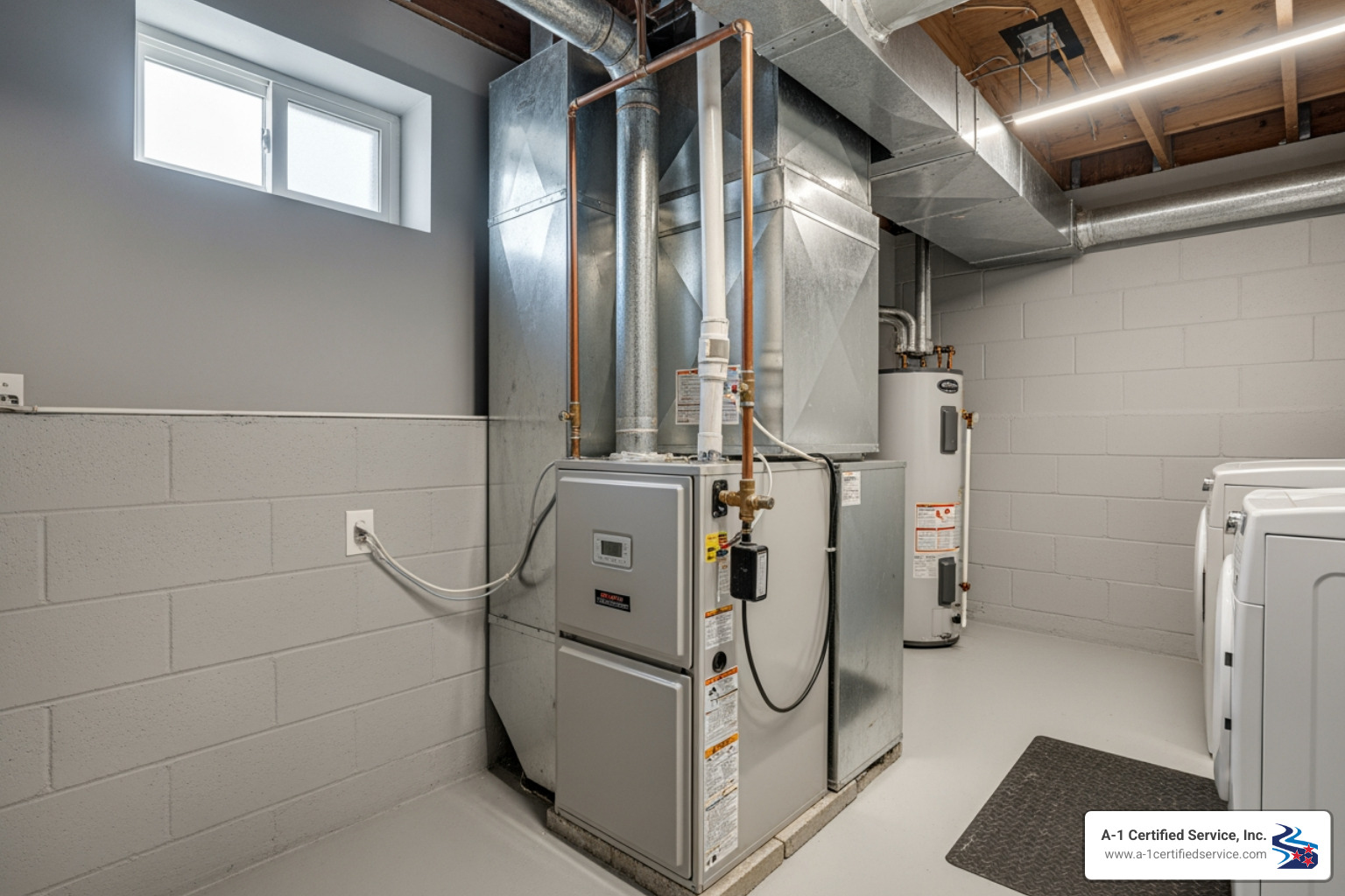 clean, well-maintained heating unit - certified heating technician in morristown tn Heating system in a basement with a furnace, ductwork, and water heater, illustrating the importance of regular maintenance for efficient home heating services in Morristown, TN.