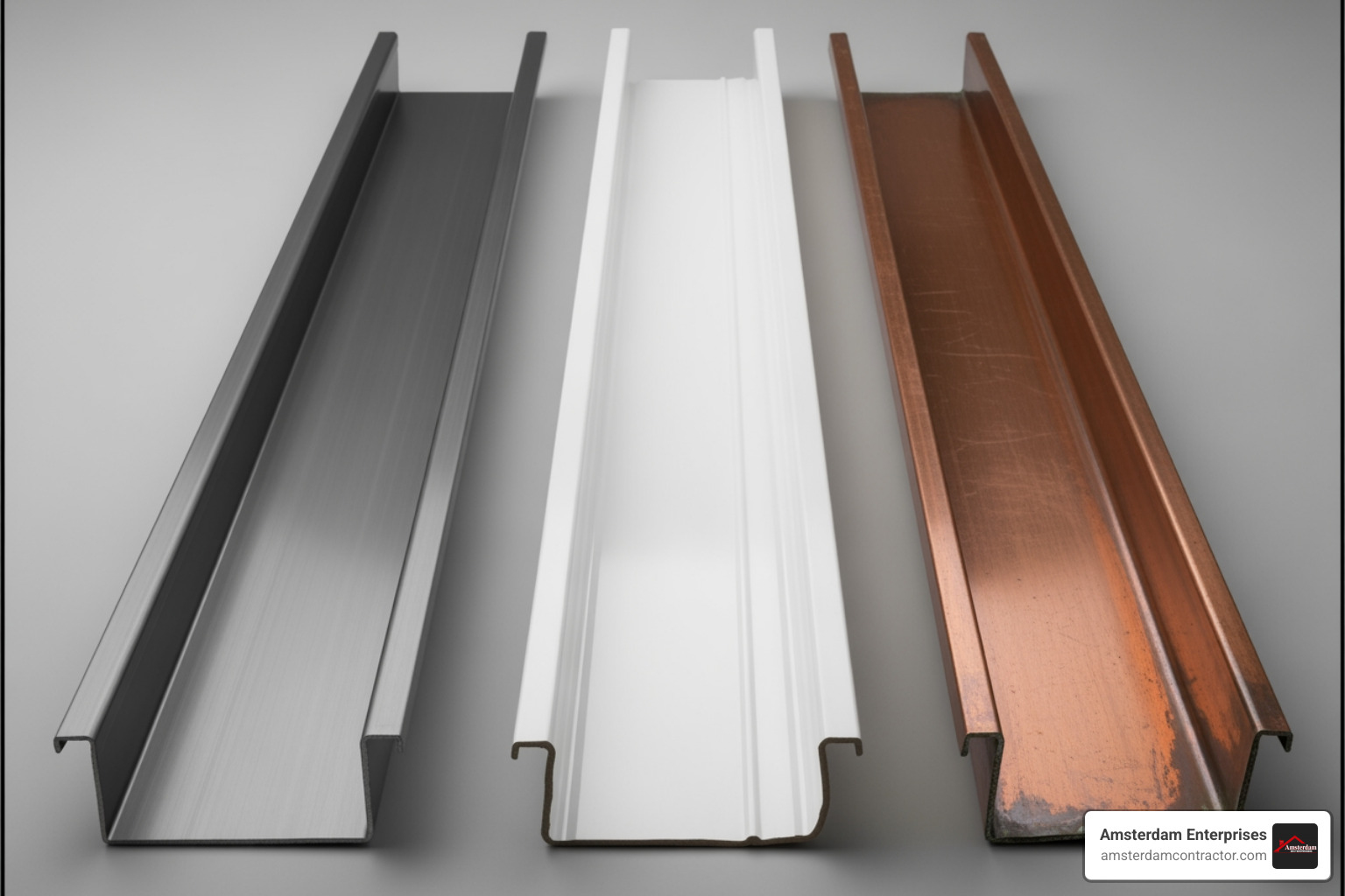 samples of aluminum, vinyl, and copper gutters - best gutter replacement company near me