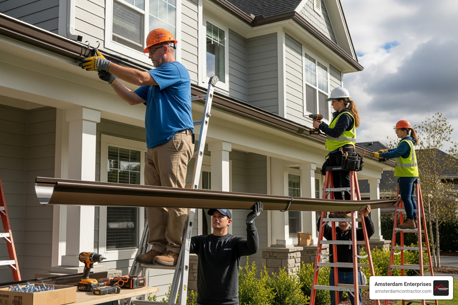 team of contractors installing a long section of seamless gutter - best gutter replacement company near me