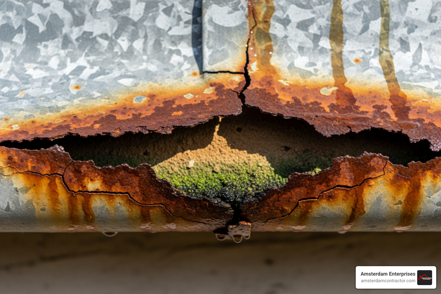 cracked and rusted gutter section - best gutter replacement company near me