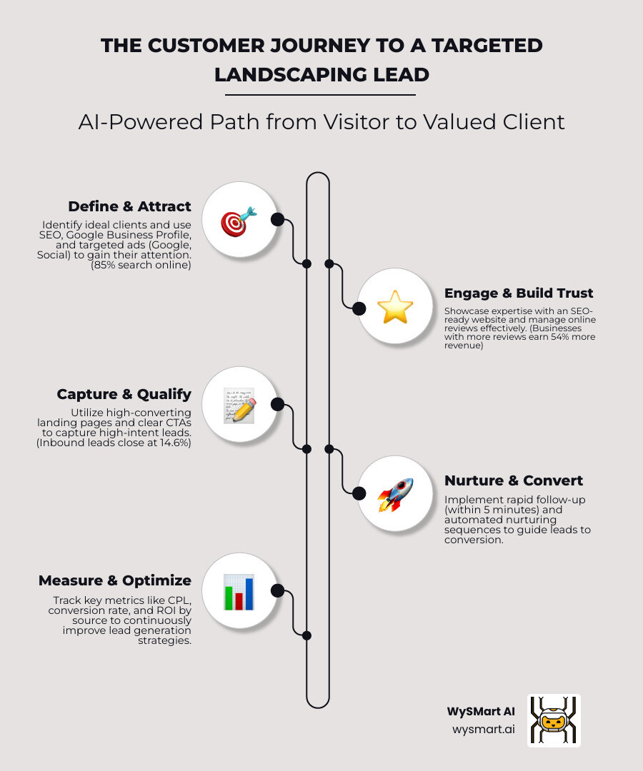 Infographic showing the customer journey from anonymous website visitor to qualified landscaping lead, with AI-powered touchpoints at each stage including SEO optimization, review generation, automated follow-up, and conversion tracking - Targeted landscaping leads infographic infographic-line-5-steps-elegant_beige