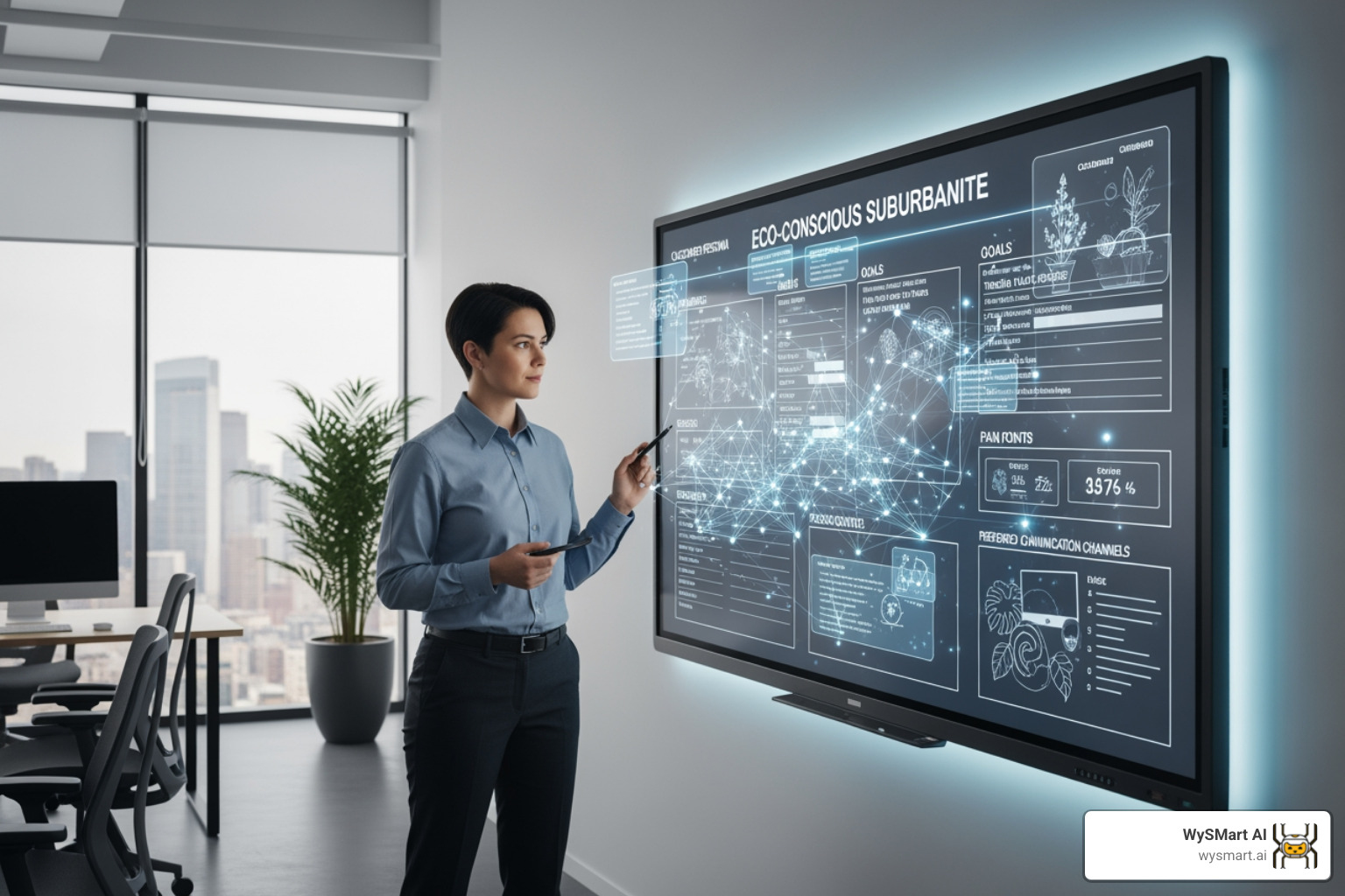 Landscaper creating a customer persona on a whiteboard, with AI-generated data overlays - Targeted landscaping leads
