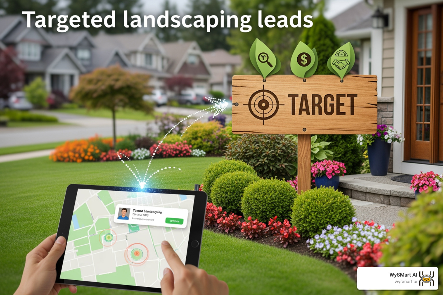 Branded landscaping truck and a team member handing a business card at a local event, with subtle AI-generated glowing lines indicating data flow - Targeted landscaping leads