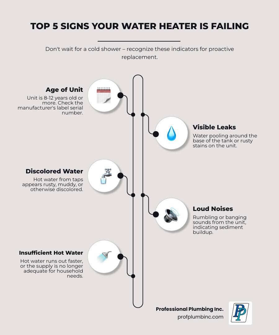 Infographic showing the top 5 signs your water heater is failing: 1. Age over 10 years with serial number location diagram, 2. Visible leaks or pooling water around base, 3. Rusty or discolored hot water from taps, 4. Loud rumbling or banging noises indicating sediment buildup, 5. Insufficient hot water supply for household needs - hot water heater replacement infographic infographic-line-5-steps-elegant_beige