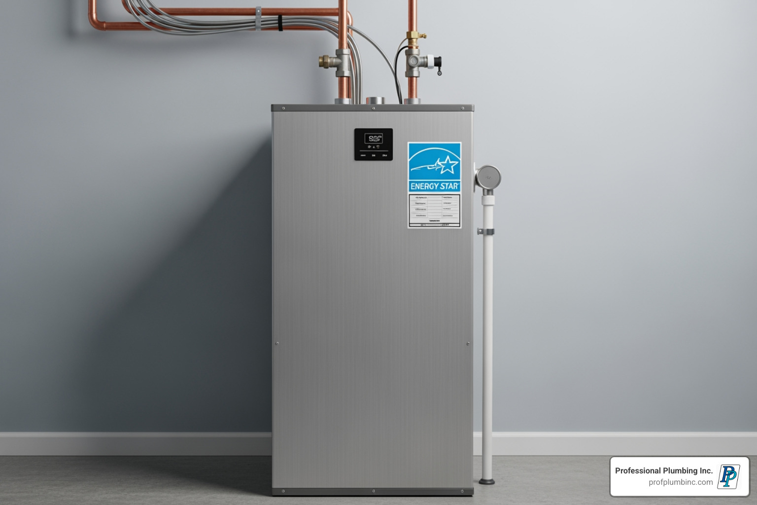 ENERGY STAR logo prominently displayed on a modern, efficient water heater - hot water heater replacement