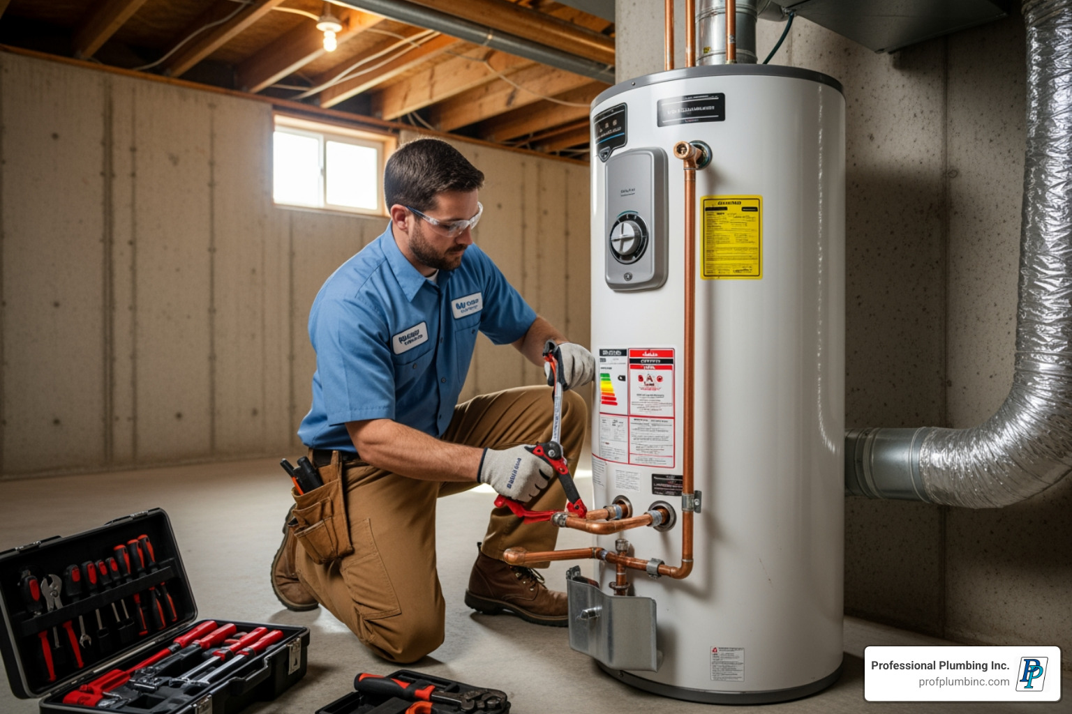 A licensed plumber safely installing a new gas water heater, connecting pipes with professional tools - hot water heater replacement