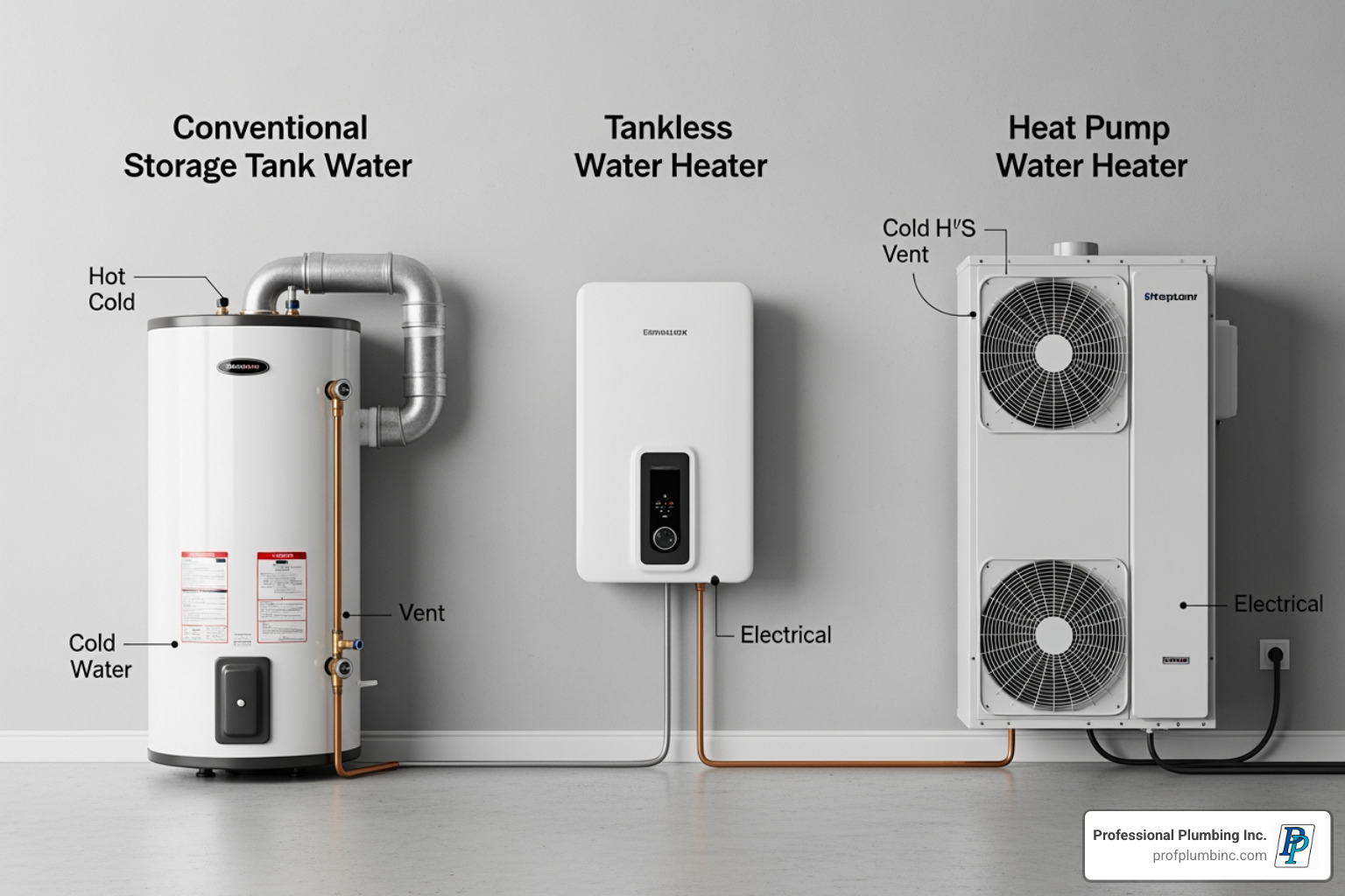 Image comparing the physical appearance of a conventional storage tank water heater, a compact tankless water heater mounted on a wall, and a heat pump water heater with its top-mounted fan unit - hot water heater replacement