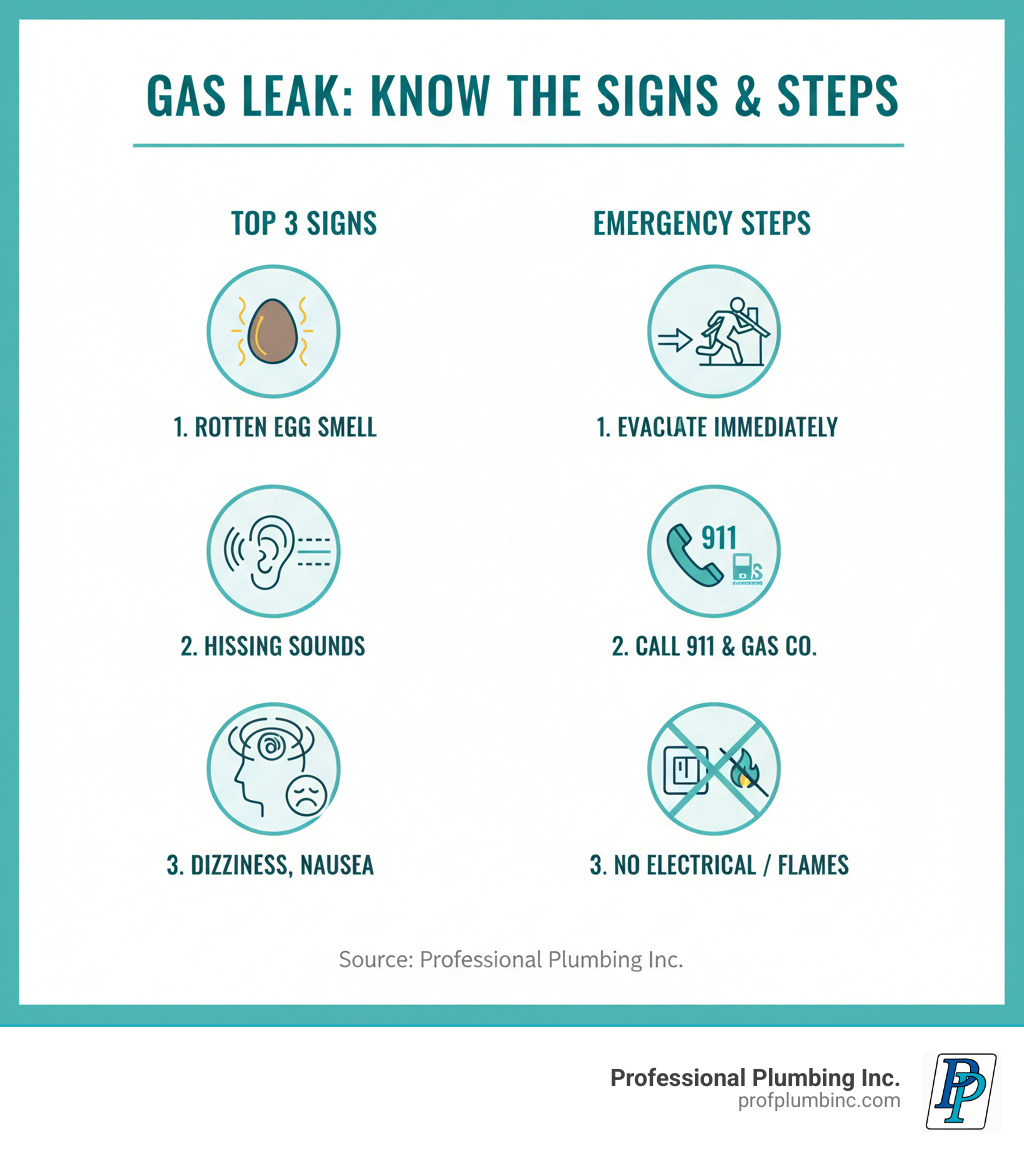 Infographic showing the top 3 signs of a gas leak: 1) Rotten egg smell (mercaptan odor added to natural gas), 2) Hissing or whistling sounds near gas lines or appliances, 3) Physical symptoms like dizziness, nausea, or fatigue. Emergency steps: Evacuate immediately, call 911 and your gas company from a safe location, do not use electrical devices or open flames. - natural gas lines in house infographic 