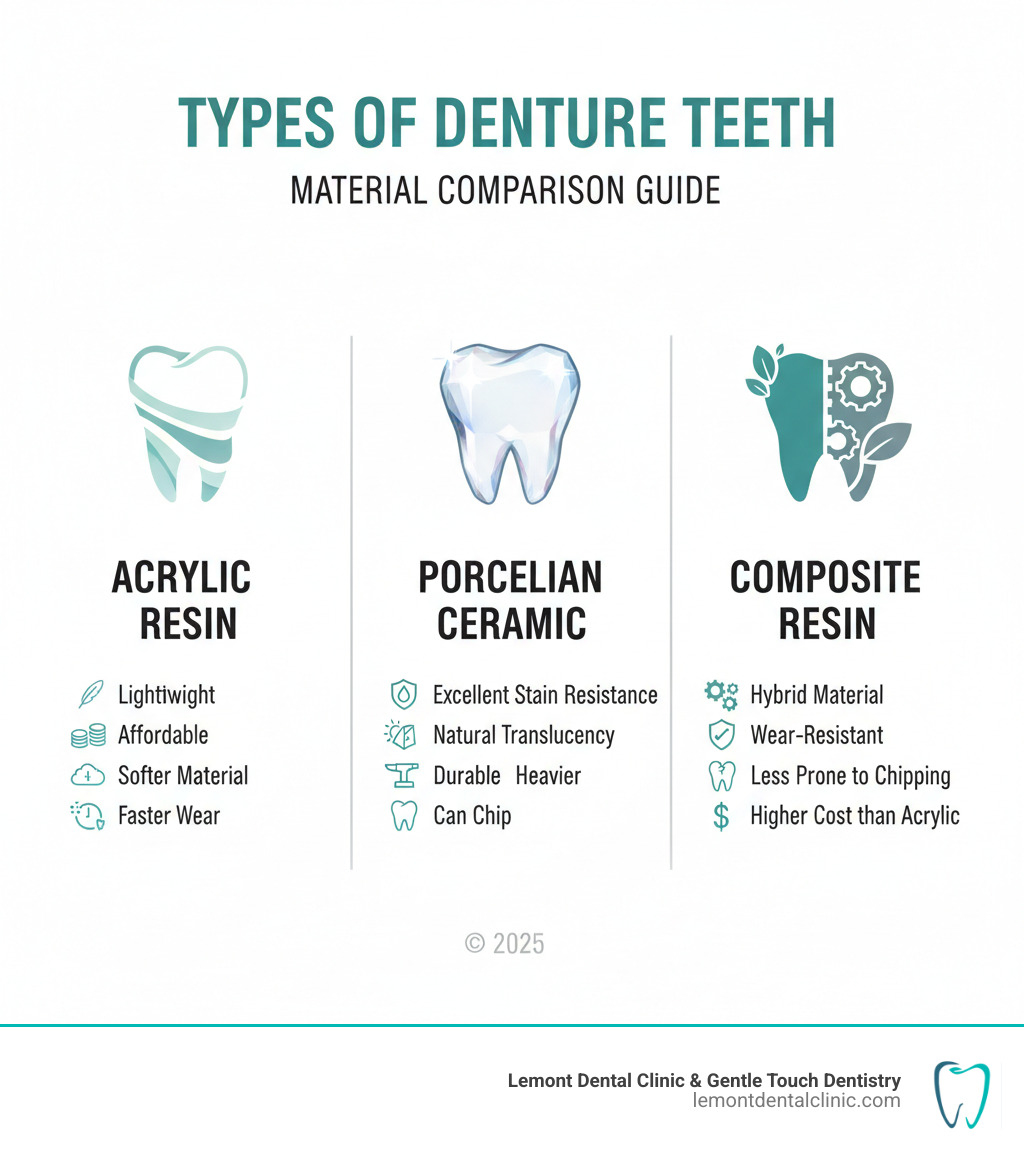 Infographic showing three columns comparing acrylic resin teeth (lightweight, affordable, softer material with faster wear), porcelain ceramic teeth (excellent stain resistance, natural translucency, durable but heavier and can chip), and composite resin teeth (hybrid material, wear-resistant, less prone to chipping, higher cost than acrylic) - types of denture teeth infographic Infographic showing three columns comparing acrylic resin teeth (lightweight, affordable, softer material with faster wear), porcelain ceramic teeth (excellent stain resistance, natural translucency, durable but heavier and can chip), and composite resin teeth (hybrid material, wear-resistant, less prone to chipping, higher cost than acrylic) - types of denture teeth infographic