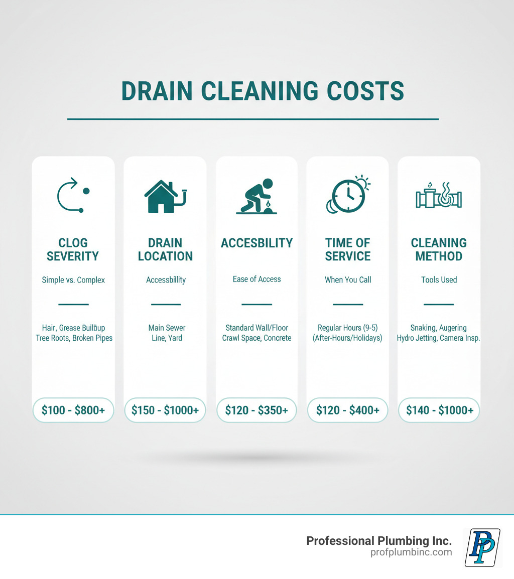 infographic explaining the five main factors affecting drain cleaning costs: clog severity (simple vs. complex), drain location (kitchen sink vs. main sewer line), accessibility (standard vs. crawl space), time of service (regular hours vs. emergency), and cleaning method (snaking vs. hydro jetting), with average price ranges for each factor - drainage cleaning charges infographic 