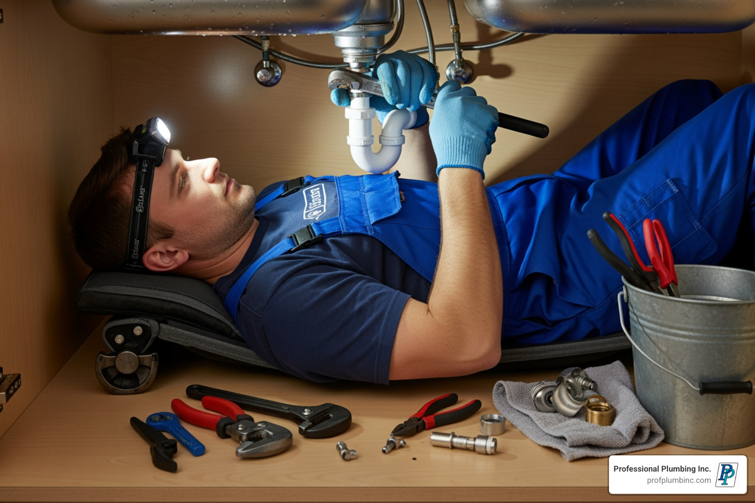 plumber working under a kitchen sink - Garbage disposal replacement cost